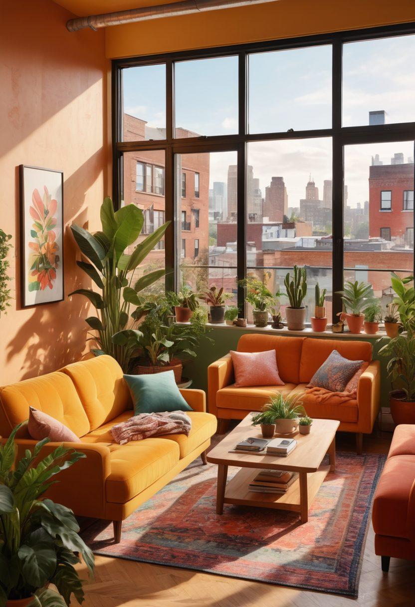 A lively urban apartment scene featuring diverse individuals of different body types engaging in daily activities, celebrating body positivity. Include plants and cozy furniture, with vibrant city views through large windows. Bright, warm colors that evoke a sense of community and inclusivity. Artwork or posters promoting body positivity on the walls. super-realistic. vibrant colors. cozy atmosphere.