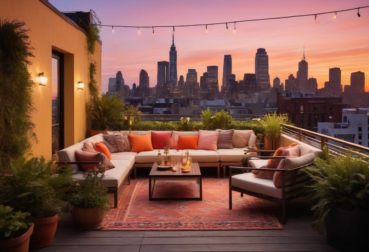 A stylish urban scene showing a chic rooftop terrace at sunset, featuring a diverse group of adults engaged in lively conversation, surrounded by whimsical decor, lush plants, and twinkling lights. Incorporate subtle hints of adult-themed decor, blending sophistication with vibrancy. The city skyline in the background should reflect a dynamic lifestyle. Warm, inviting colors to evoke comfort and allure. super-realistic. vibrant colors. sunset ambiance.