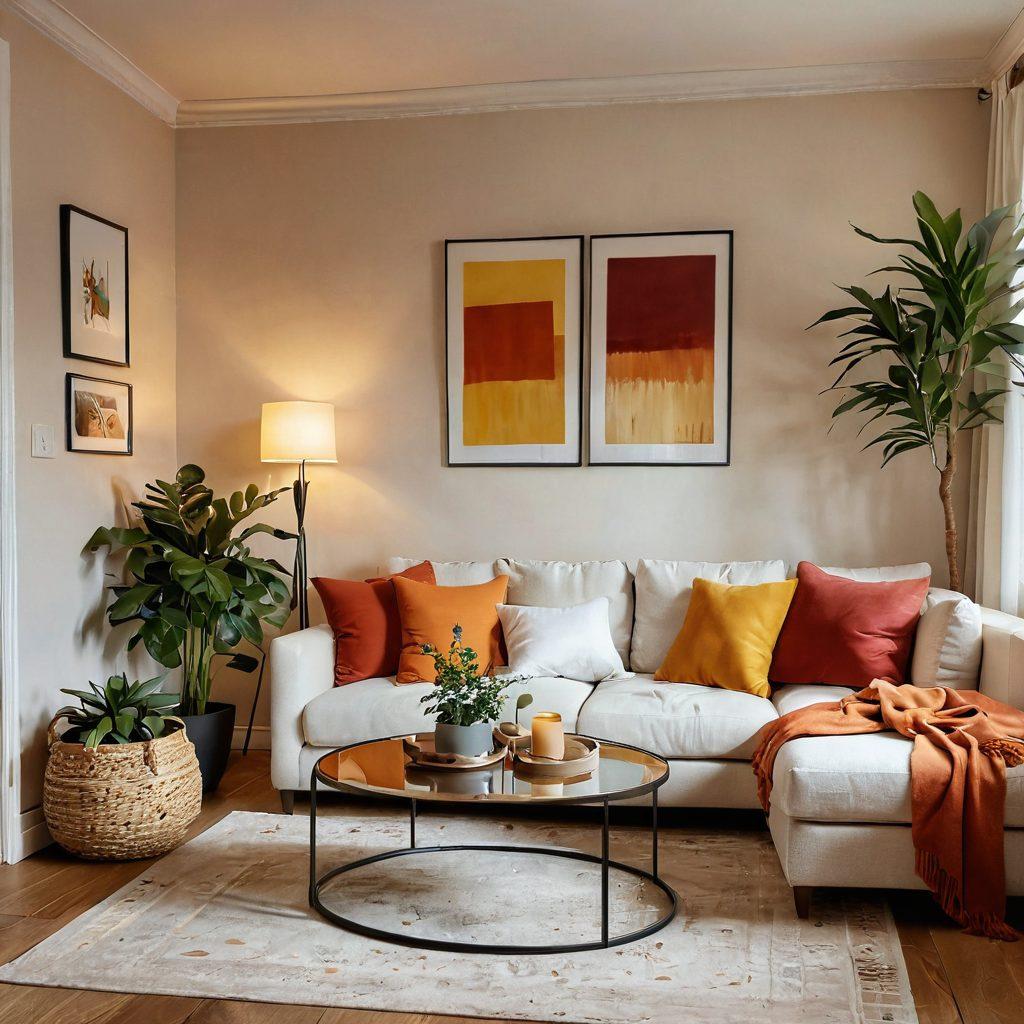 A cozy, beautifully styled apartment interior showcasing a combination of warm colors and stylish decor elements that promote self-acceptance. Include plush sofas, personal artwork, potted plants, and soft lighting creating an inviting atmosphere. A person can be seen reflecting positively in a comfortable corner, embodying serenity and style. super-realistic. vibrant colors. warm lighting.